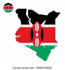 Vector set of Kenya high detailed map flag and national flag round badge isolated on white background.