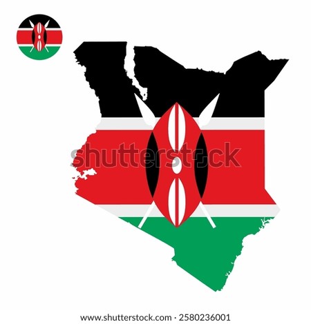 Vector set of Kenya high detailed map flag and national flag round badge isolated on white background.