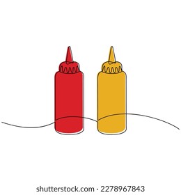 Vector set of ketchup and mustard bottles one line continuous drawing illustration. Hand drawn linear silhouette icon. Minimal design, print, banner, menu, logo. Fast food, snack, meal.