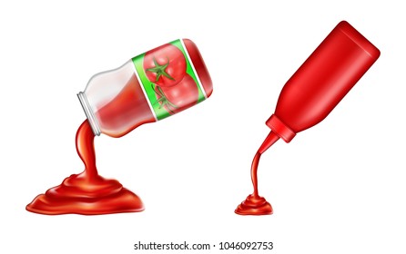 Vector set of ketchup - in plastic bottle and glass jar in 3d realistic style. Red tomato condiment, liquid sauce isolated on white background. Natural gourmet bottled paste.