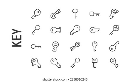 Vector set of key thin line icons. Design of 20 stroke pictograms. Signs of key isolated on a white background.