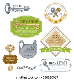 Vector set of keys design elements. Colour badges, frames, labels and logo templates with copy space for your text.