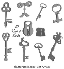 Vector set of keys and locks in shades of gray. Isolated on white background.