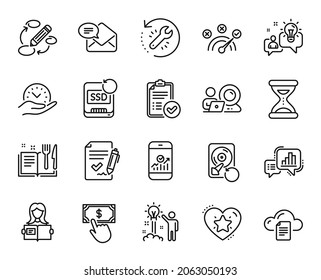 Vector set of Keywords, File storage and Video conference line icons set. Correct answer, Safe time and Idea icons. Recovery ssd, Smartphone statistics and Approved agreement signs. Vector