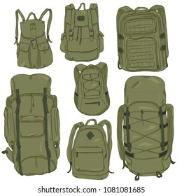 Vector Set of Khaki Cartoon Backpacks. Casual, Fashion, Hiking, Sport and Tactical Knapsacks