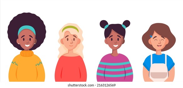 Vector Set of kid, children and teens avatar design. Collection of smiling girl faces with  different hairstyle and clothes and skin tones. Cute illustration isolated on white background.