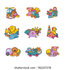 Vector set of kid toys piles hand drawn and colored illustration