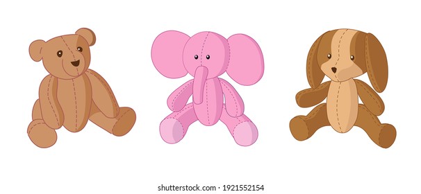 Vector set of kid toys. There's a bear, a pink elephant and a dog.