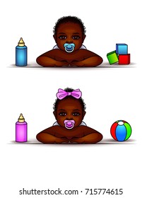 Vector set of kids of African-Americans. A boy and a girl with a pacifier in their mouth. Afro-American twins play with toys