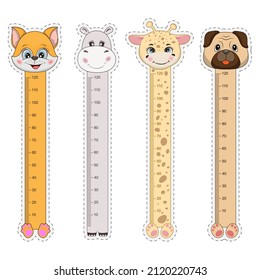 Vector set kids bookmark with a cute cartoons animals fox and hippo, giraffe and pug dog. Vector illustration.