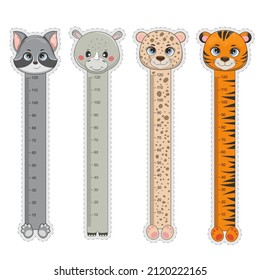 Vector set kids bookmark with a cute cartoons animals raccoon and leopard, rhino and tiger. Vector illustration.