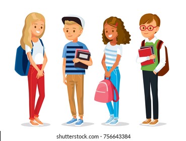 Vector set of kids children teenagers characters in different poses, clothes , wear with books. Children fashion models, Kids apparel. Classmates going to go to school.