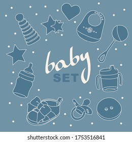 Vector set of kids concept. Children's toys, a rattle, a bottle of milk, a baby's dummy, a bib, a spill mug.