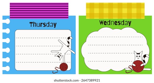 Vector set of kids Daily planner list. Vector of Day Planner with silly adorable cat text box and sticky tape. Ideal child Plan list nursery schedule design with input text area. EPS 10