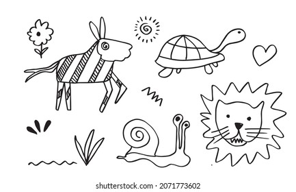 Vector set of kids drawings.Doodle style. Ideal for childs decoration.defferent style animal.