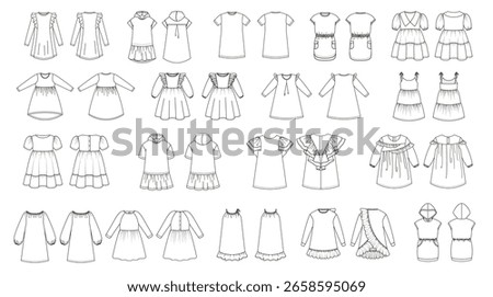 A vector set of kids dress designs in black and white sketch style, featuring various cuts, sleeves, and details, including hoodies and frills. 