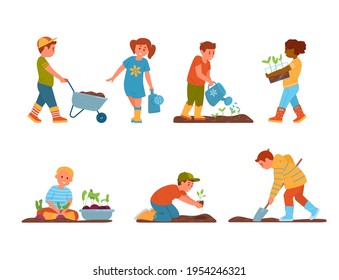 Vector Set Of Kids Gardening. Boys And Girls In Rubber Boots Watering, Planting, Digging, Harvesting Outdoors. Isolated On White.