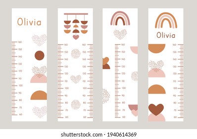 Vector Set of kids height charts with abstract boho shapes in terracotta colors. Meter wall with trendy flat art design. Children growth chart for girls. Bohemian earthy rainbow and heart for nursery.