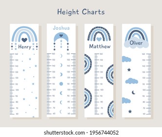 Vector Set of kids height charts with abstract boho rainbows and clouds in pastel blue colors. Meter wall with trendy design. Children growth chart. Bohemian elements for baby nursery with boy names.