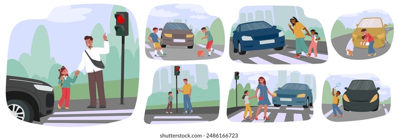 Vector Set Of Kids Learning Road Safety Rules While Crossing Street. Adults Are Guiding Kids To Ensure Safe Street Crossings Emphasize The Importance Of Pedestrian Road Safety, And Avoiding Accidents