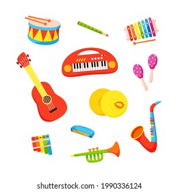 Vector set of kids musical instruments drawn in cartoon style. Isolated on white background cute children's musical toys - synthesizer, saxophone, drum, trumpet, flute, maracas, harmonica