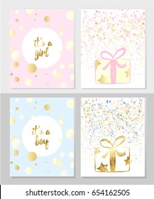 Vector set of kids postcard about birth of baby. Vector set of gift box with many falling sparkling tiny confetti. Vector illustration of design elements for postcards.