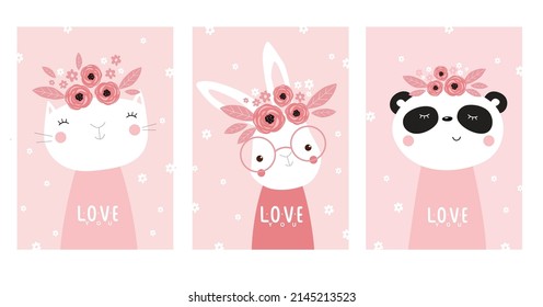 Vector set of kids posters with animals. Posters for girls. Children's room decor. cute kitty, cartoon rabbit, cute panda