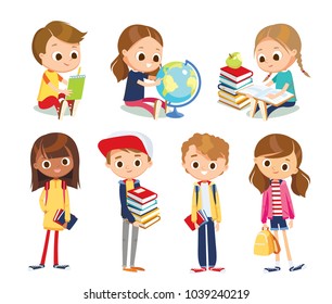 Vector set of kids  school children with books. Education vector. Set of kids children teenagers characters in different poses, clothes , wear. Children fashion models, Kids apparel. 