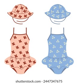Vector Set of Kids Swimwear and Panamas with Floral Prints