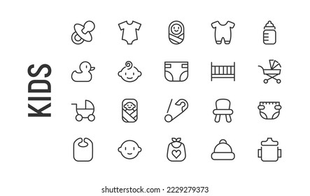 Juego de vectores de iconos de línea delgada para niños. Diseño de 20 pictogramas de infarto. Señales de niños aislados en un fondo blanco.