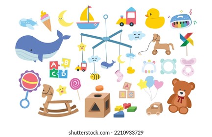 Vector set of kids toys clipart. Simple cute baby toys flat vector illustration. Children toys rubber duck, baby mobile, piano, shape sorter, teddy bear, baby blocks, rattle, teether, puzzle cartoon
