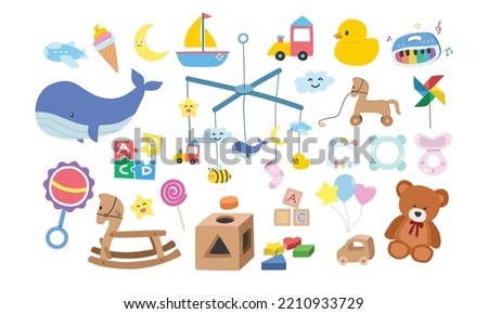 Vector set of kids toys clipart. Simple cute baby toys flat vector illustration. Children toys rubber duck, baby mobile, piano, shape sorter, teddy bear, baby blocks, rattle, teether, puzzle cartoon