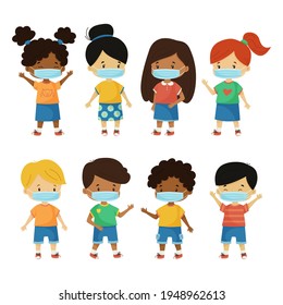 Vector set with kids wearing face mask. Protect coronavirus covid 19 pandemic. Cute cartoon characters isolated on white background.