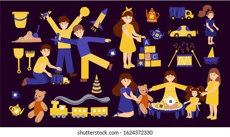 Vector set kindergarten, children play and nanny. Illustration designer for kindergarten, toy store, baby-sitter, school. Collection of people and objects isolated on white background.