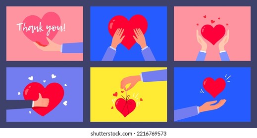 Vector set of kindness donation illustration with people hand and red shape heart on color background. Charity hand give heart. Flat style romantic design of sharing love for Valentine's Day greetings