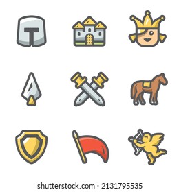 Vector Set of Kingdom Icons. Knight, Castle, Princess, Arms, Battle, Horse, Protection, Banner, Love.