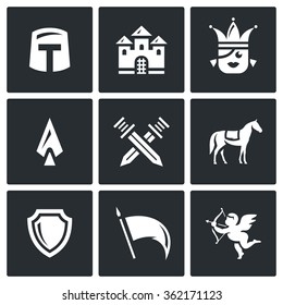 Vector Set of Kingdom Icons. Knight, Castle, Princess, Arms, Battle, Horse, Protection, Banner, Love. Helmet, Building, Girl, Spear, Crossed Swords, Animal, Shield, Flag, Cupid