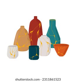 Vector set of Kintsugi ceramics. A composition of dishes made in oriental technique with golden lines. Restored antique tableware. Isolated design on a white background.