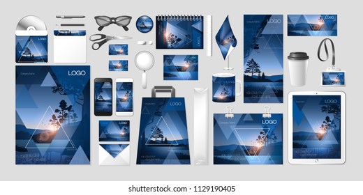 Vector set kit collection corporate identity design mockup mock up eco branding ecology environment brand style element mountain landscape lake nature sunrise or sunset abstract triangles background