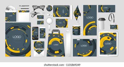 Vector set kit collection corporate identity design mockup mock up abstract yellow round circular rectangular oval shape creative branding modern style pattern brand identity style on gray background