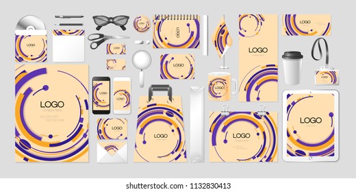 Vector set kit collection corporate identity design mockup mock up abstract orange violet round circular rectangular oval shape creative branding modern style pattern identity style beige background