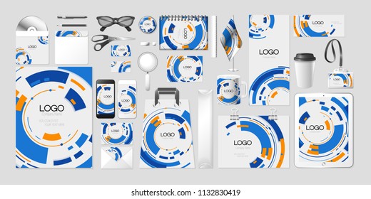 Vector set kit collection corporate identity design mockup mock up abstract blue orange round circular rectangular oval shape creative branding modern style pattern brand identity style gray backdrop