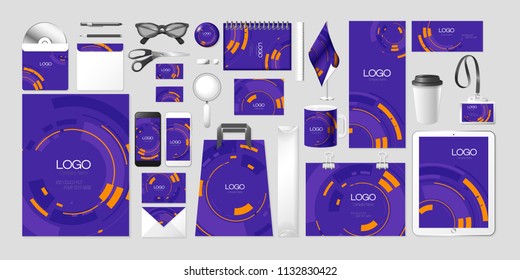 Vector set kit collection corporate identity design mockup mock up abstract orange round circular rectangular oval shape creative branding modern style pattern brand identity style violet background