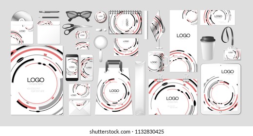 Vector set kit collection corporate identity design mockup mock up abstract red gray round circular rectangular oval shape creative branding modern style pattern brand identity style white background