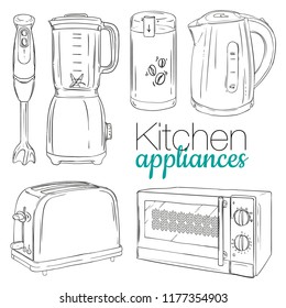 Vector set of Kitchen Appliances. Contains such Icons as blender, electric kettle,coffee grinder, toaster and microwave oven