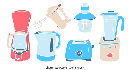 Vector set with kitchen appliances for cooking. Electric coffee maker, blender,  mixer, toaster,  kettle. Illustration isolated on white background.