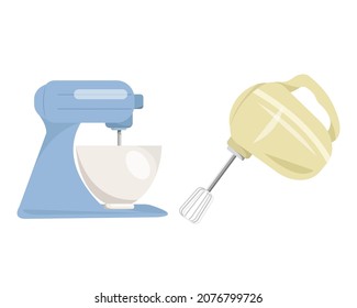 Vector set of kitchen appliances icons. Flat style. Electrical hand mixer dishware isolated vector illustration kitchenware appliance. Electric tool domestic cooking household technology.
