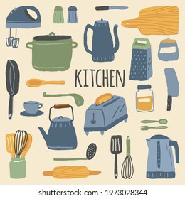 Vector set of kitchen appliances, kitchenware and cookware. Home kitchen utensils for cooking isolated. Hand drawn illustration in cartoon doodle style