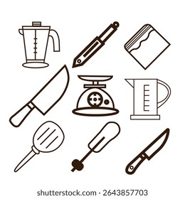 Vector set of kitchen and cooking tools with food and drink icons, illustrations, and silhouettes including spoons, forks, knives, pots, pans, and coffee cups.