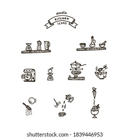 Vector set of kitchen Doodle illustrations. Design collection kitchen cafe: Cooking food, kitchen utensils, pots, pans, spoons, knives, ladles, combines, mixer, kitchen wall art. Linear icons